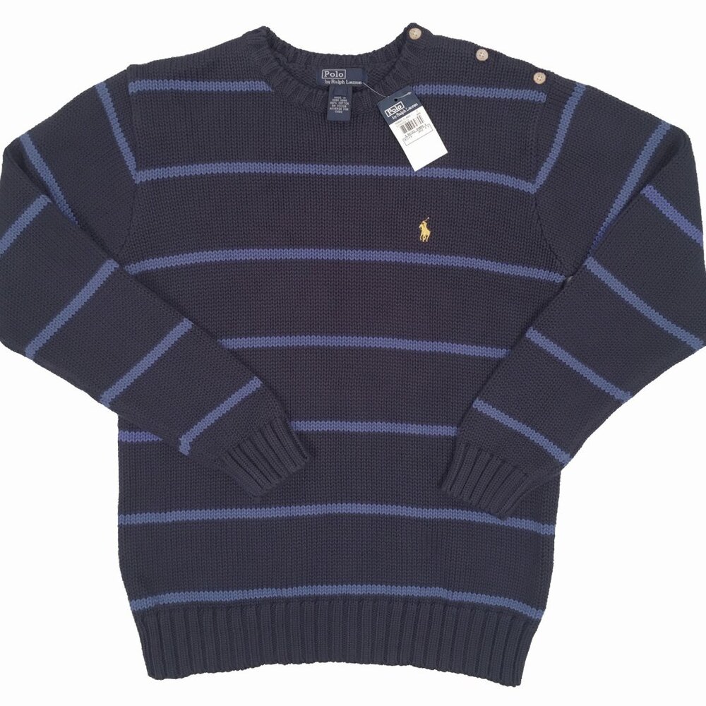 NEW Polo Ralph Lauren Boys Sweater!  Navy  Purplish Blue Stripes  Yellow Player